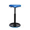 Standing stool with blue fabric seat, black column and wide foot. The stool is height adjustable.