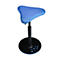 Blue ergonomic standing stool with a triangular seat and black frame. Blue dots are on the black base.