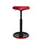 Three-legged standing stool with red seat and black frame, against a white background.
