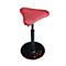 Three-legged standing stool in red and black. The seat is triangular and padded, the stem and base are black.