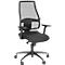 Black office chair with mesh back, armrests, and casters.