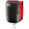 Black and red Tork dispenser, white paper towels are dispensed.