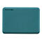 Disque dur externe turquoise. Le dessus a une texture pointillée. La marque TOSHIBA est visible en haut à gauche.