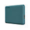 Disque dur externe turquoise avec le logo TOSHIBA. Le boîtier a une surface texturée et un port USB.