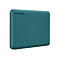 Disque dur externe turquoise avec logo TOSHIBA. Surface texturée, coins arrondis.