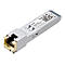 Ein silberfarbenes TP-Link SFP-Modul mit RJ45-Anschluss, beschriftet mit technischen Daten.