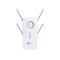 Weißer TP-Link WLAN-Repeater mit vier ausklappbaren Antennen und zentraler runder WPS-Taste vor weißem Hintergrund.
