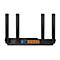 Schwarzer Router mit vier Antennen, Rückseite. Anschlüsse: USB, WAN, LAN1-4, Power.