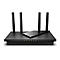 Schwarzer WLAN-Router mit vier Antennen, einem flachen Bedienfeld und grünen LED-Leuchten.