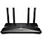 Schwarzer WLAN-Router mit vier Antennen, darunter ein tp-link Logo und Kontrollleuchten.