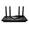 Schwarzer WLAN Router mit vier Antennen, diagonaler Oberfläche und Kontrollleuchten.