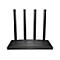 Routeur WiFi noir avec quatre antennes, sur fond blanc.