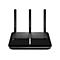 Schwarzer WLAN-Router mit drei Antennen, Logo tp-link, grau-silberfarbener Rahmen.