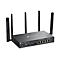 Routeur noir avec quatre antennes, vue de dessus, sur fond blanc. Logo TP-Link.