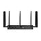 Routeur noir avec 5 antennes sur fond blanc. Deux antennes oblongues et trois antennes droites.
