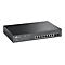 Commutateur TP-Link noir, huit ports Ethernet, ports SFP, LED. Logo et nom du modèle.
