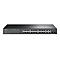 Schwarzer TP-Link TL-SL2428P Netzwerk-Switch mit 24 Ports vor weißem Hintergrund.