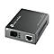 Ein grauer Netzwerk-Medienkonverter von tp-link. Mit Anschlüssen und Kontrollleuchten. Aufschrift: WDM Fast Ethernet Media Converter.