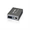 Ein grauer TP-Link Gigabit Ethernet Media Converter, leicht von oben gesehen, mit Anschlüssen und Anzeigen.