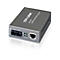 Ein silberner TP-LINK Gigabit Ethernet Media Converter MC200CS mit Anschlüssen und Anzeigen.