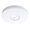 Runder, weißer Access Point von TP-Link. Unten blaues Licht, Mitte Logo. Das Gerät ist leicht erhöht.