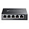 Schwarzer Netzwerk-Switch von TP-Link, mit 5 Ports und LEDs. Beschriftung: Omada, ES205GP, Power und PoE Max.
