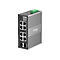 Grauer industrieller Switch mit mehreren Anschlüssen, grünen Klemmen und dem Omada-Logo. Text: IES208G, 8-Port Gigabit Industrial Switch.
