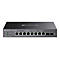Ein grauer Netzwerkswitch mit Ports und LED-Anzeigen, auf weiÃŸem Hintergrund. Der Switch ist ein Produkt von TP-Link Omada.