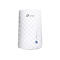 Weißer TP-Link WLAN-Repeater mit Logo und Indikatorleuchten. Auf weißem Hintergrund. Die Oberfläche hat ein gepunktetes Muster.