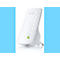 Weißer TP-Link WLAN-Repeater mit Stecker, diagonales Muster. Grüne LED-Anzeige.