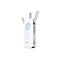 WLAN-Repeater von TP-Link. Weißes Gehäuse mit ausklappbaren Antennen. Blaue LED-Anzeigen für Status, Netzteil und 2,4/5 GHz. Stecker integriert.