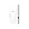 Weißer TP-Link WLAN-Repeater mit leuchtenden blauen Status-LEDs und seitlichem LAN-Anschluss.