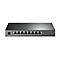 Schwarzer Netzwerk-Switch mit 8 Ports und Stromanschluss.