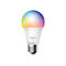 Tapo LED-Lampe mit bunt leuchtendem Glaskopf auf weißem Sockel mit Schraubgewinde.