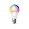 Eine Glühbirne, die in verschiedenen Farben leuchtet. Oben bunt, darunter weiß mit dem Tapo-Logo.
