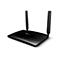 Schwarzer Router mit zwei Antennen, TP-Link Logo und LED-Leuchten.