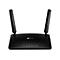 Schwarzer WLAN Router mit zwei Antennen, die nach oben zeigen. Auf der Oberseite befinden sich LED-Anzeigen und das TP-Link Logo.