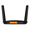 Schwarzer Router mit zwei Antennen; Anschlüsse und Schalter beschriftet.