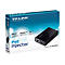 Produktverpackung eines schwarzen TP-Link PoE-Injektors TL-POE150S mit blauen Akzenten.