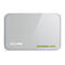 Un switch TP-Link blanc et gris. Dessus lisse, voyants LED verts en bas et logo.