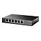 Schwarzer Netzwerk-Switch mit sechs Ports und Beschriftungen: TP-Link, TL-SF1006P. Die Front hat sechs Ports, Leuchten und SchriftzÃ¼ge.