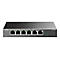 Ein grauer Netzwerkswitch mit sechs Ports, die mit Netzwerkkabeln verbunden werden kÃ¶nnen. Der Switch hat die Aufschrift tp-link und TL-SF1006P.
