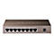 Grauer Netzwerkswitch mit acht Ports, PoE und Stromanschluss.