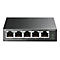 Schwarzer 5-Port Gigabit Desktop Switch. Aufschrift: 5-Port Gigabit Desktop Switch with 4-Port PoE+, mit Power und PoE Max LED.