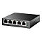 Schwarzer TP-Link 5-Port Gigabit Desktop Switch mit vier PoE+-Ports. FÃ¼nf Ethernet-Ports sind auf der Vorderseite sichtbar, daneben Status-LEDs.