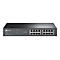 Schwarzer Netzwerk-Switch von tp-link mit 16 Ports. Die Front zeigt Ports, Status-LEDs und Produktbezeichnung.