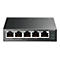 Schwarzer Netzwerk-Switch mit fÃ¼nf Ethernet-AnschlÃ¼ssen. Auf der Oberseite steht TL-SG105MPE und 5-Port Gigabit Easy Smart Switch.