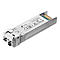 Un émetteur-récepteur SFP+ TP-Link argenté avec marquages et étiquettes. Vue détaillée sur fond blanc.