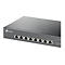 Ein schwarzer TP-Link Switch mit acht Ports, Anschlüssen und LED-Anzeigen. Das Gerät ist im Detail abgebildet.