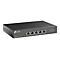 Schwarzer Netzwerk-Switch von tp-link mit fünf Anschlüssen. Beschriftung: TL-SX105, 5-Port 100 Multi-Gigabit Desktop Switch.